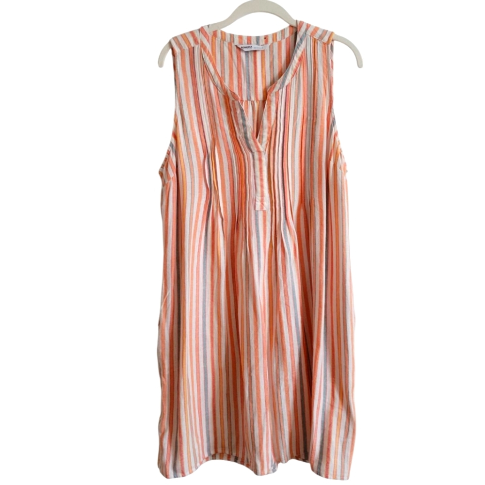 Linen Striped Sleeveless Dress in Orange and White With Pockets L